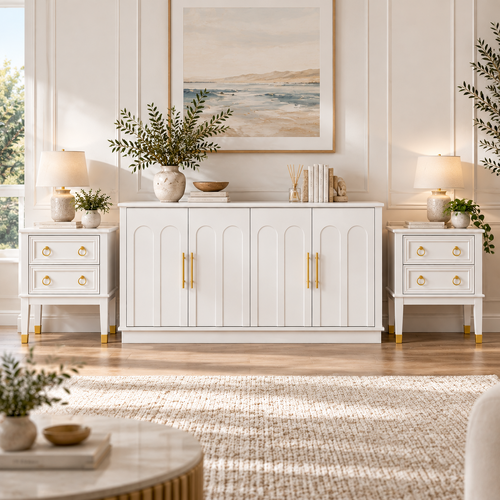 White 3 Piece Living Room Furniture Set – 150cm Sideboard Buffet Cabinet & 2 Vintage 2 Drawer Side Tables