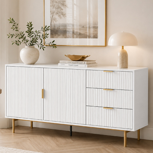 Opera White Buffet Sideboard Cabinet – 3 Drawers 2 Doors Storage for Dining Room, Modern Kitchen Living Room
