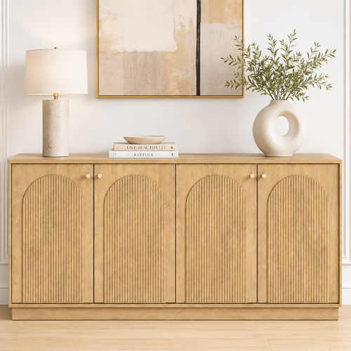 Modern Natural Oak Buffet Sideboard Cabinet with Arched Doors – 4 Door Storage Buffet for Living Room