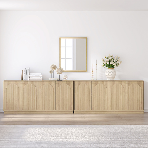 Modern Natural Oak 4 Door Buffet Sideboard Cabinet Set of 2 with Arched Doors