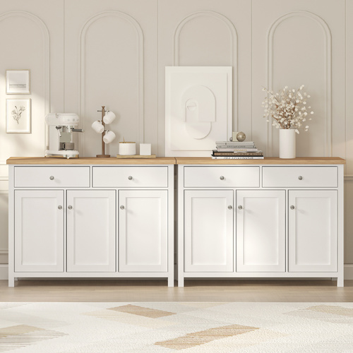 2 Set Buffet Sideboard with 2 Drawers & 3 Doors - Pine Top, White Body | Versatile Storage Solution