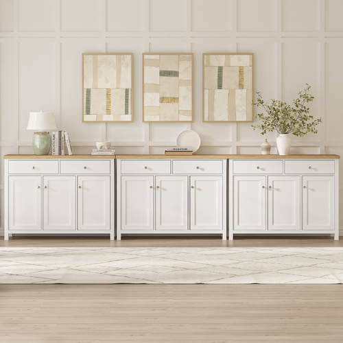 Large Buffet Sideboard Set of 3 with 2 Drawers & 3 Doors - Pine Top, White Body | Versatile Storage Solution