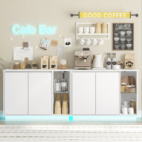 White Sideboard Buffet with LED Lights Storage Cabinet Cupboard Set of 2 Living Room