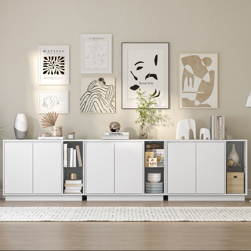 White LED Buffet Sideboard Storage Cabinet Set of 3 Kitchen Storage Cupboard