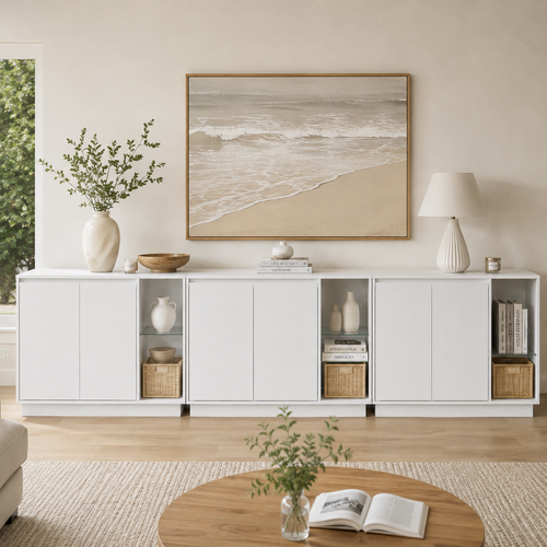 CLAYTON White Buffet Sideboard Set of 3 Storage Cabinet Cupboard Kitchen Hallway Table Door