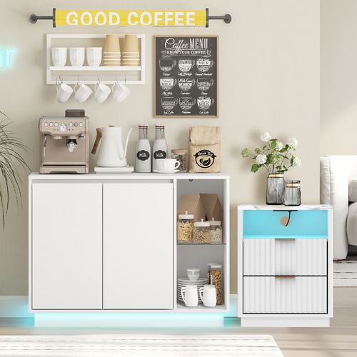 White Sideboard Buffet with LED Lights Storage Cabinet and RGB LED Side Table with Charging Station