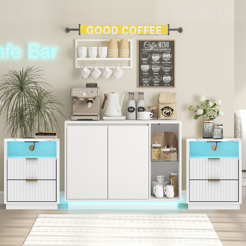 White Sideboard Buffet LED Storage Cabinet and 2 Sets RGB LED Side Table with Charging Station