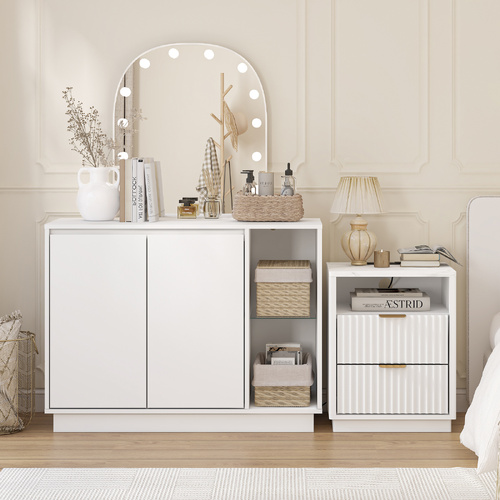 CLAYTON White LED Sideboard Buffet Storage Cabinet and Bedside Table with Charging Station