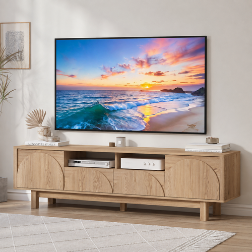 BYRON TV Entertainment Unit with Arched 2 Doors and 2 Drawers Storage TV Cabinet with Open Shelves 180 CM