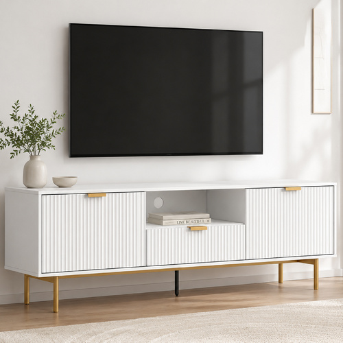 Modern Coastal Entertainment Unit – White Fluted 180cm TV Stand with Gold Accents