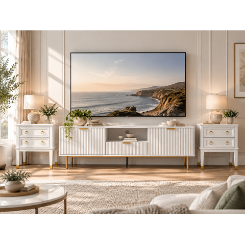 White 3-Piece Living Room Furniture Set – 180cm Fluted TV Stand & 2 Vintage 2-Drawer Side Tables