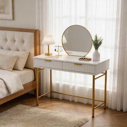 Cora Dressing Table with Mirror 2 Drawers Metal Brushed Gold Handles and Legs White Dressers