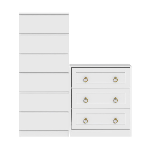 White 6 Chest of Drawers Dresser and 3 Drawer Bedside Table | Bedroom Wardrobe Set