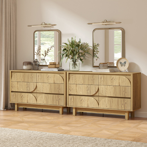 Arched Oak 6-Drawer Chest Set of 2 | Modern Bedroom Storage Dressers