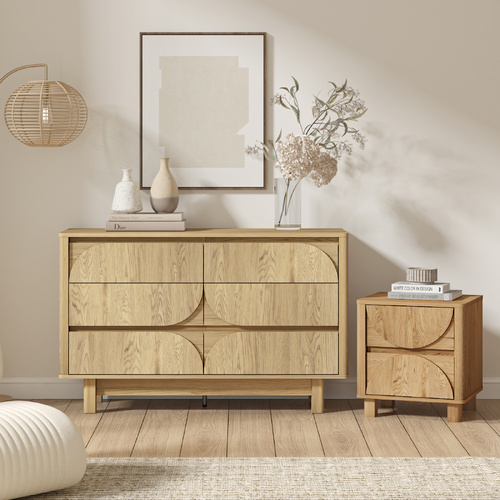 Arched Oak 6-Drawer Dresser & Nightstand Set – Modern Bedroom Storage Suite