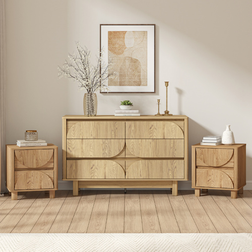 Arched Oak 6-Drawer Dresser & 2 Bedside Tables Set – Modern Bedroom Storage Suite