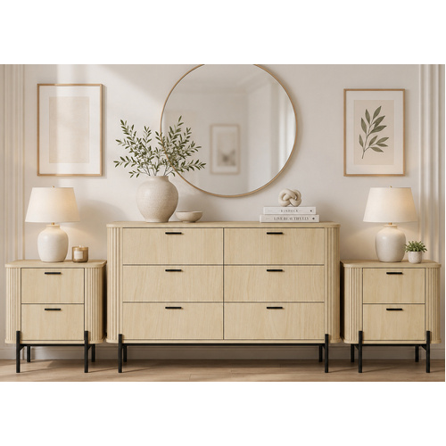 Fluted 6 Chest of Drawers Dresser Lowboy and 2 Fluted Bedside Tables Bedroom Storage Cabinet