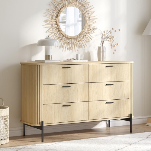 Fluted 6‑Drawer Lowboy Dresser Chest of Drawers Bedroom Storage Cabinet