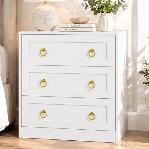 White Modern 3 Drawer Chest of Drawers Bedroom Storage Cabinet with Gold Handles