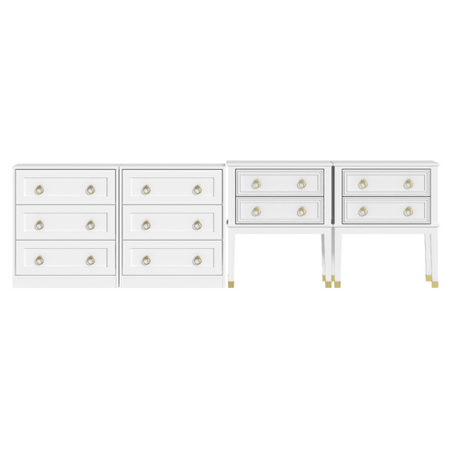 White Bedside Table Set of 4 | 3 Drawer & 2 Drawer Nightstands with Gold Handles