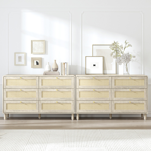 Natural Rattan 12 Drawer Chest of Drawers Set of 2 –Coastal Bedroom Dresser
