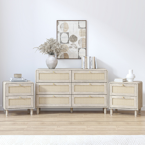 Natural Rattan 6 Drawer Dresser & Pair of 2‑Drawer Bedside Tables Coastal Bedroom Set