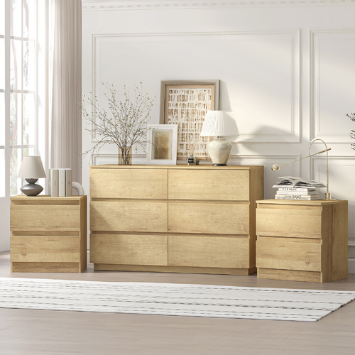 6 Chest of Drawers Dresser Bedroom with 2 Bedside Table Bundle Sets Light Oak