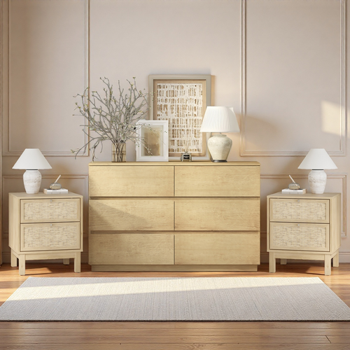 6 Chest of Drawers Dresser Bedroom with 2 Bedside Table Bundle Sets Light Oak