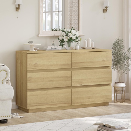 6 Drawer Chest of Drawers - Oak Look Handleless Lowboy Storage Cabinet