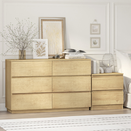Belmont 6 Chest of Drawers Dresser Bedroom with 1 Bedside Table Light Oak