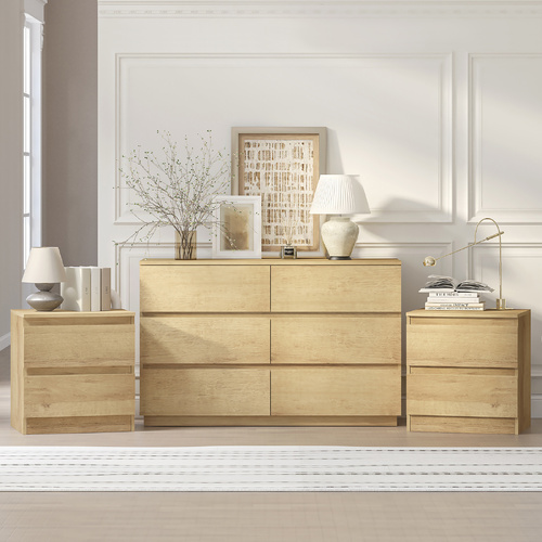 Belmont 6 Chest of Drawers Dresser Bedroom with 2 Bedside Table Bundle Sets Light Oak