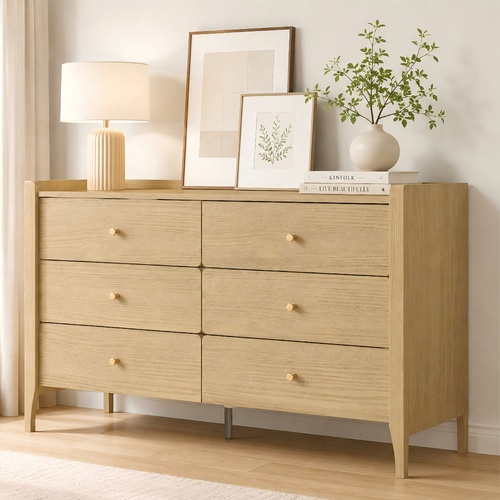 Natural Oak 6-Drawer Dresser - Modern Scandinavian Lowboy Chest
