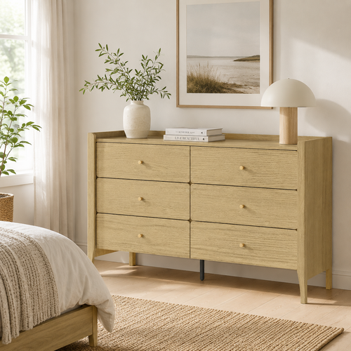 Natural Oak 6-Drawer Dresser - Modern Scandinavian Lowboy Chest