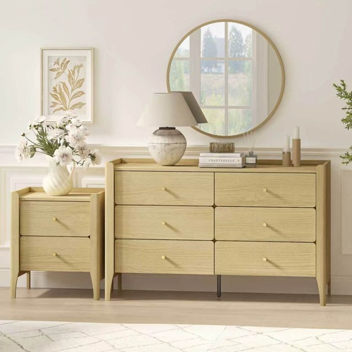 Natural Oak 6 Drawer Chest of Drawers Dresser Lowboy with Bedside Table Bedroom Storage Cabinet