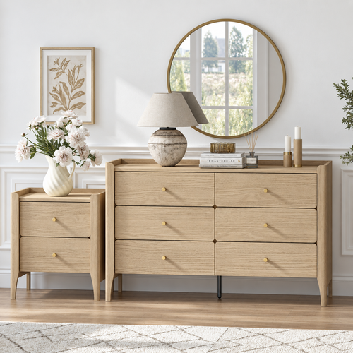 Scandinavian 6 Drawer Chest of Drawers Dresser Oak Lowboy with Bedside Table Bedroom Set