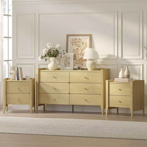 Natural Oak 6 Drawer Lowboy Dresser & 2 Bedside Tables Bedroom Storage Set