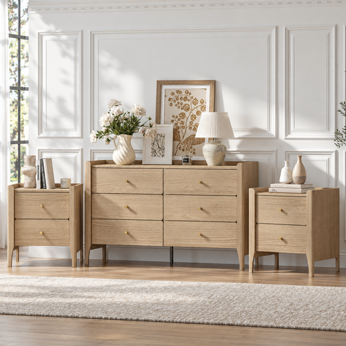 Scandinavian 3PCS Bedroom Set Drawer Lowboy Dresser & 2 Bedside Tables