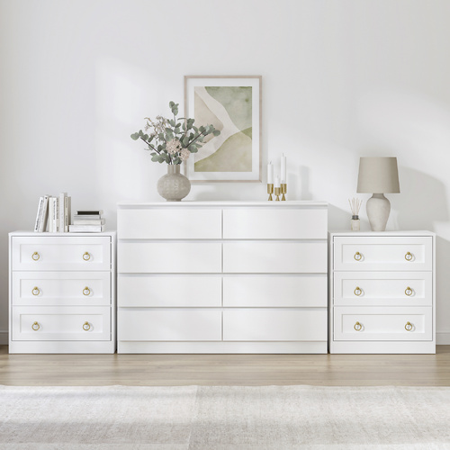 White 8 Chest of Drawers Lowboy Dresser and 2 White 3‑Drawer Bedside Tables Modern Bedroom Storage Combo