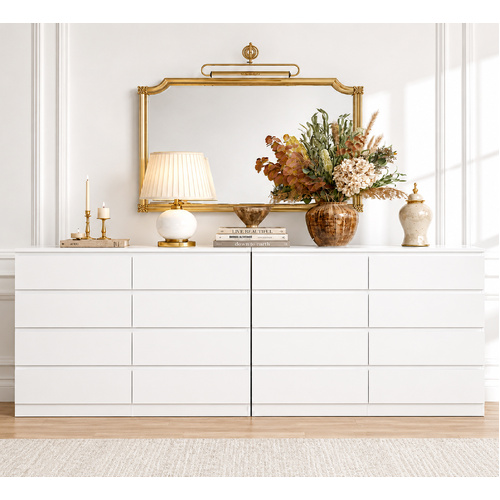 White 8 Chest of Drawers Set of 2 Lowboy Dresser Storage Wardrobe Cabinet Bedroom