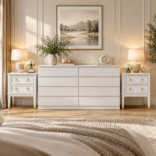 White Bedroom Furniture Set – 8 Drawer Lowboy Dresser & 2 Vintage 2 Drawer Bedside Tables Set of 2