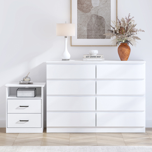 White 8 Drawer Chest of Drawers and Bedside Table – Modern Storage Suite for Australian Homes