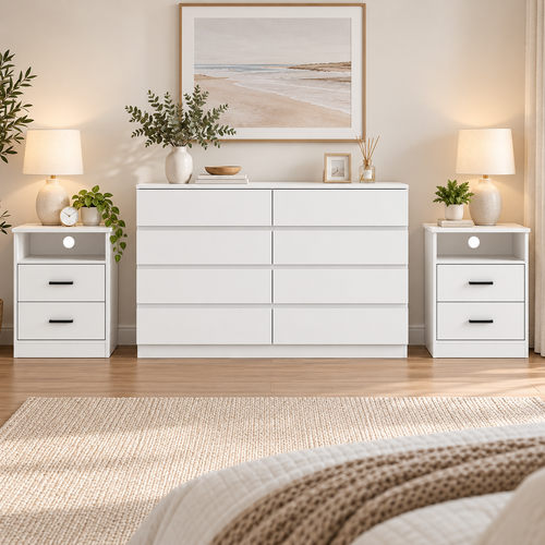 White 8 Drawer Chest of Drawers & 2 Bedside Tables – Modern Storage Suite for Australian Homes