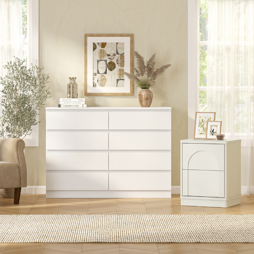 White 8 Drawer Lowboy Dresser & 2 Drawer Nightstand Set Bedroom Storage Cabinet
