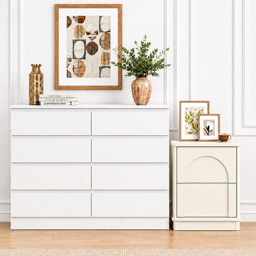 White 8 Drawer Lowboy Dresser & 2 Drawer Nightstand Set Bedroom Storage Cabinet
