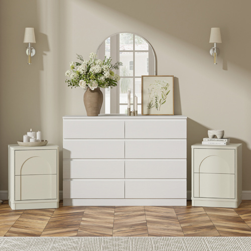White 8 Drawer Chest of Drawers Dresser + 2 Nightstands Set for Bedroom Storage