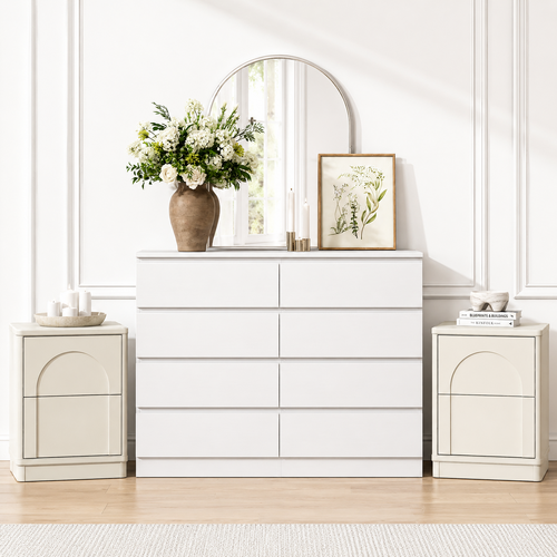 White 8 Drawer Chest of Drawers Dresser and 2 Nightstands Set for Bedroom Wardrobe Cabinet Set