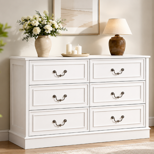 HAMPTON Vintage 6-Drawer Dresser: White Lowboy Chest of Drawers for Bedroom