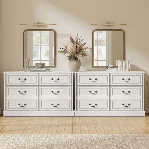 HAMPTON Vintage 6-Drawer Dresser Set of 2: White Lowboy Chest of Drawers for Bedroom