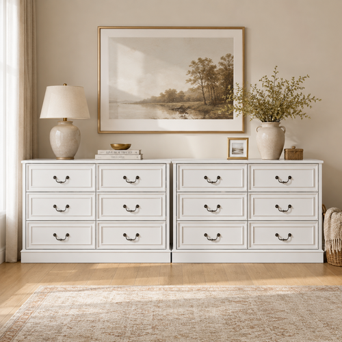 HAMPTON Vintage 6-Drawer Dresser Set of 2: White Lowboy Chest of Drawers for Bedroom