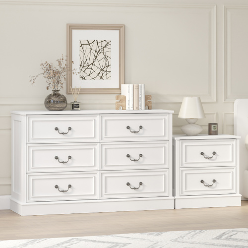 HAMPTON 6 Drawer Chest of Drawers + Bedside Table Bedroom Lowboy Dresser Storage Cabinet White